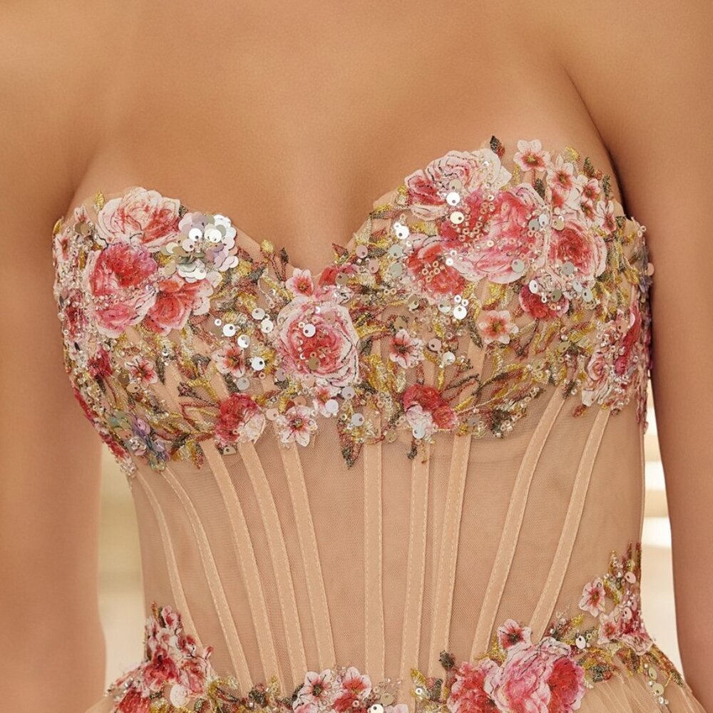 New Champagne Floral Lace Embellished A-Line Prom Gown w/ Corset Bodice NX Y1803 - Picture 5 of 10